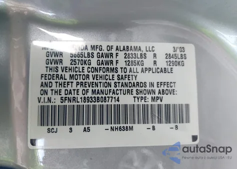 2003 Honda Odyssey Ex-L z USA, uszkodzony, nr VIN 5FNRL18933B087714